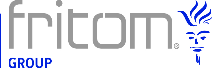 Fritom logo home in grijze letters met blauw symbool