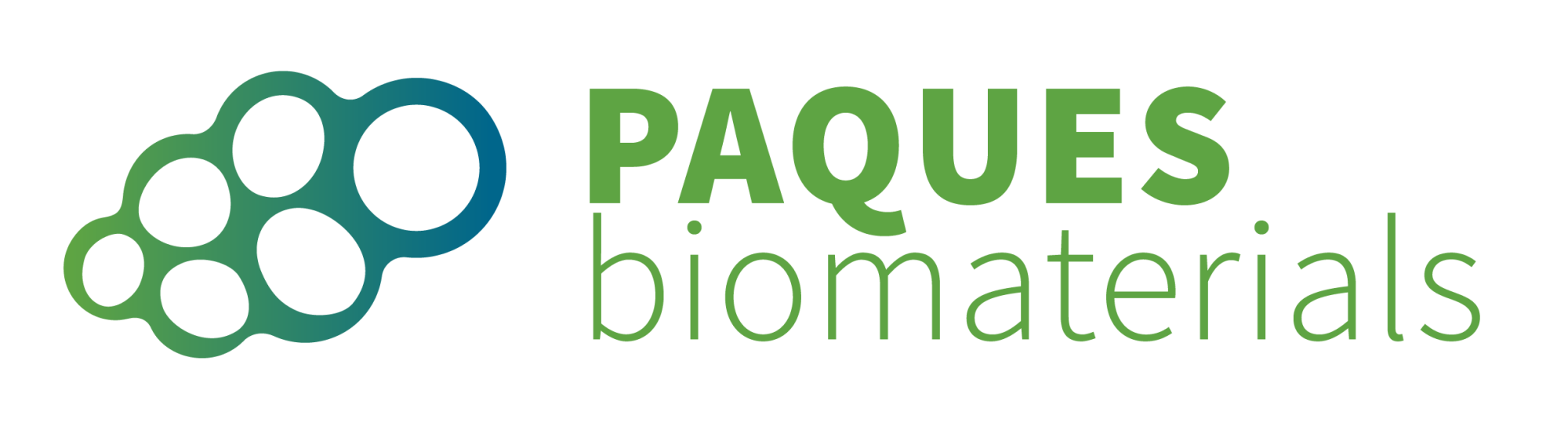 Paques Biomaterials logo groene letters met groen en blauw symbool